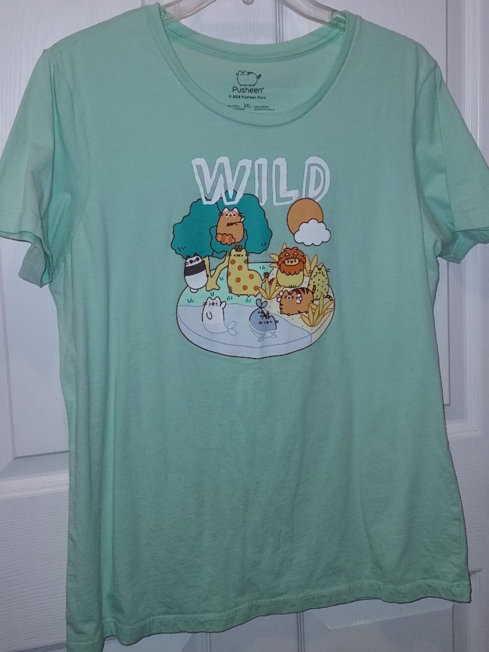 PUSHEEN Wild Oasis 😼🐆🦒🦭🐼🦁 Shirt MINT GREEN Junior 2XL OOP